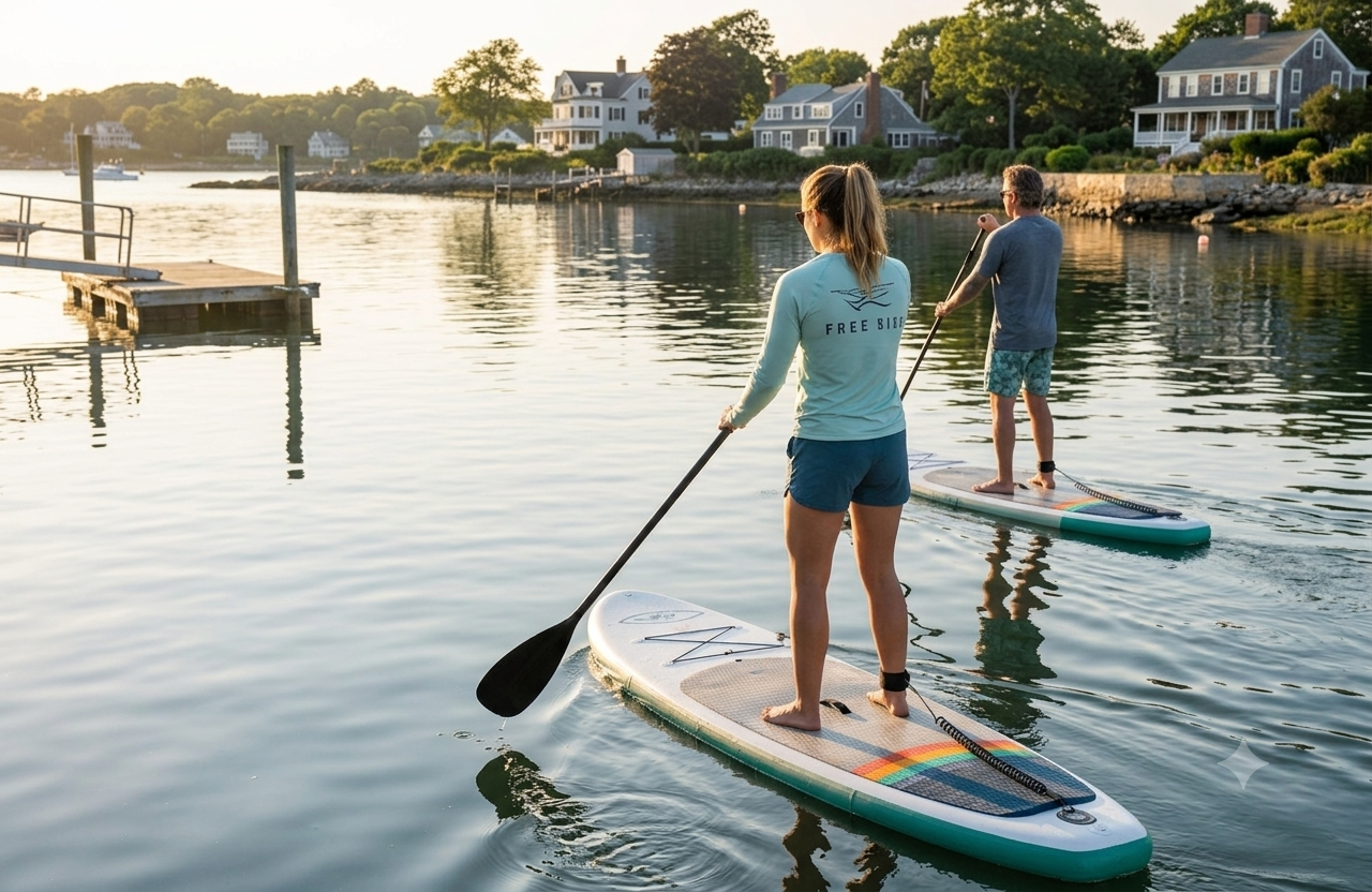 A navy retro-stripe paddleboard and a white BIC ACE-TEC board leaning against a sunlit wall